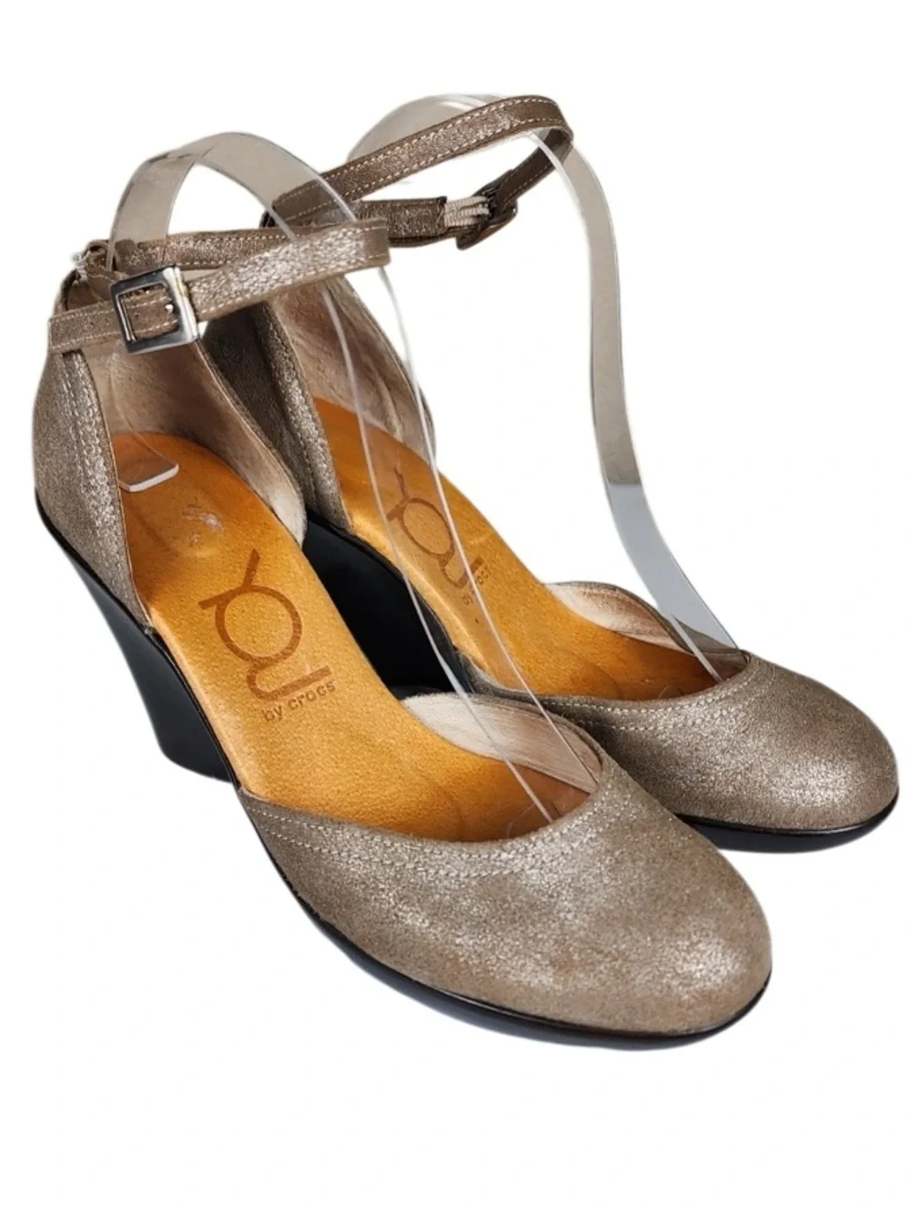 YOU by Crocs Metallic Champagne Ankle Strap Wedge Heels Women’s US 7.5 EU 38